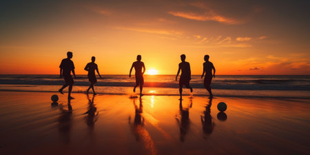 Fun time with friends Group of cheerful young people playing with soccer ball on the beach : Generative AIの素材