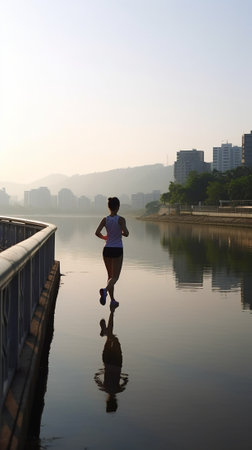 Enjoying a morning run Side view of young man running along the riverbank : Generative AIの素材