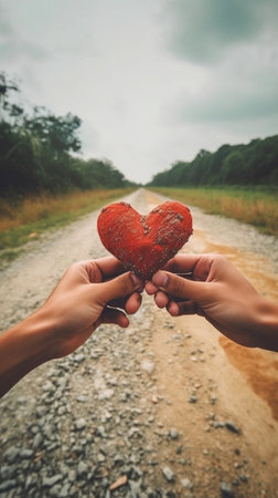 Hands and hearts together Closeup of loving couple holding hands while walking outdoors : Generative AIの素材