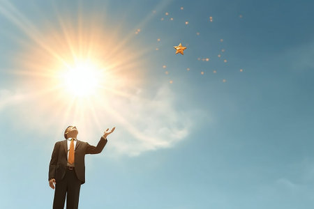 Happy young redhead man holding yellow star and smiling with sky in the background : Generative AIの素材