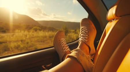 Day dreaming in car Closeup of young woman holding legs out of the window while sitting inside of minivan : Generative AIの素材