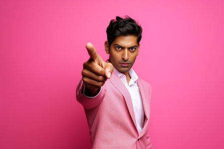 Handsome Indian man leaning on copy space and using smart phone against pink background : Generative AIの素材
