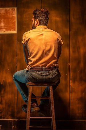 Got something on his mind Handsome young man looking through the window over his shoulder while sitting on stool : Generative AIの素材