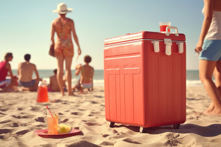 Friends on the beach Rear view of cheerful young people walking by the beach to the sea while two men carrying plastic cooler : Generative AIの素材