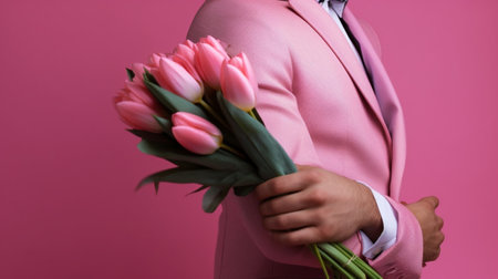 Happy Indian man holding smart phone and bunch of tulips against pink background : Generative AIの素材