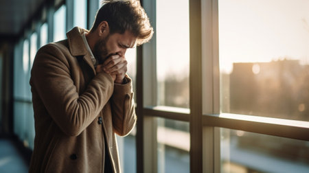 Feeling hopeless Depressed young bearded man keeping eyes closed and touching his face while standing near the window : Generative AIの素材