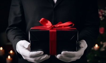 Gift man Closeup of young man in formalwear covering his face by a gift while standing against grey background : Generative AIの素材