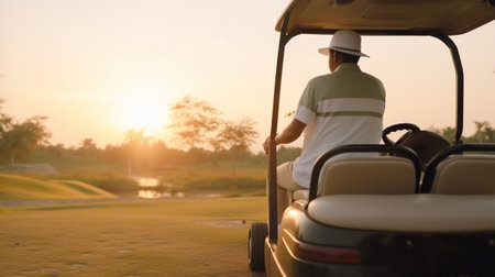 Golfer in golf cart Rear view of young happy male golfer driving a golf cart and looking over shoulder : Generative AI