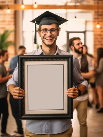 Happy young redhead man looking through a picture frame and smiling while standing outdoors : Generative AIの素材