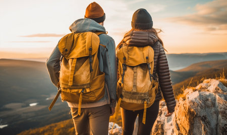 Finding their own way through wilderness Closeup of young people with backpacks are out for morning hike : Generative AIの素材