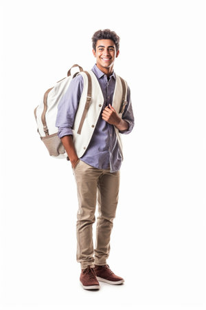 Handsome man with bag Handsome young man in white shirt carrying leather bag and looking at camera while standing against white background : Generative AIの素材