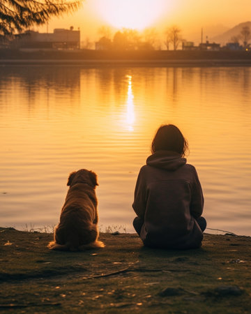 Good day outdoors Rear view of cute little girl playing with her dog while sitting near the lake outdoors : Generative AIの素材