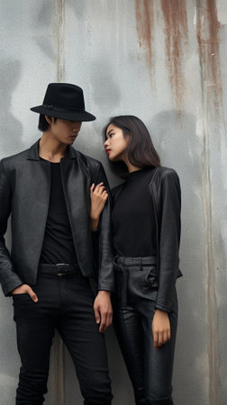 Love and passion Beautiful young couple bonding to each other and looking eyes to eyes while standing near brick wall : Generative AIの素材