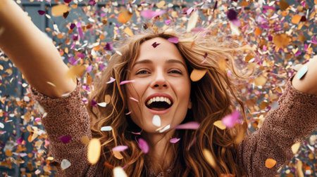 Party time Cheerful young woman stretching out her hands while confetti falling on her : Generative AIの素材