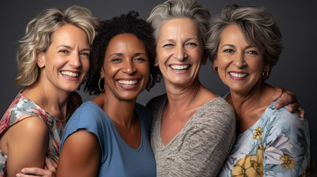 Multiethnic group of happy mature women gesturing and smiling against grey background : Generative AIの素材