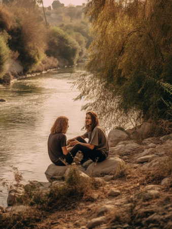 Nothing is better than love Top view of young couple holding hands while sitting on the rocks with the river below : Generative AIの素材