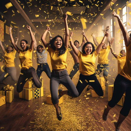 So much fun Full length of happy young people dancing while spending time at home with confetti flying everywhere : Generative AIの素材