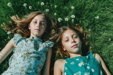 Summer fun Top view of two cute little children making faces and smiling while lying on the green grass together : Generative AIの素材