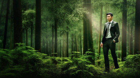 Think green Digitally composed side view picture of young businessman holding hand on chin and looking away over the picture of green forest : Generative AIの素材