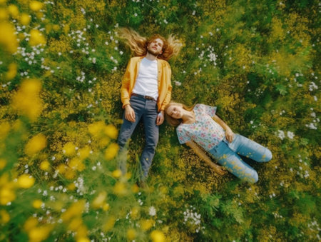 Summer fun Top view of a young couple in love lying together on the grass and smiling : Generative AIの素材