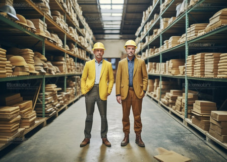 Taking notes Full length of two young fashionable men having a discussion while standing in workshop : Generative AIの素材