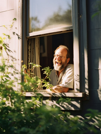What a beautiful view Cheerful senior man keeping hand on window frame and looking through the window : Generative AIの素材