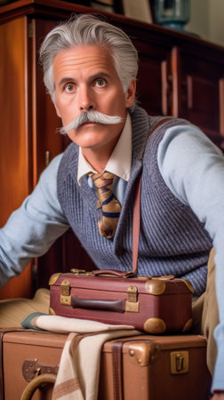 Thoughtful mature man in formalwear leaning on his luggage while sitting on bed : Generative AIの素材