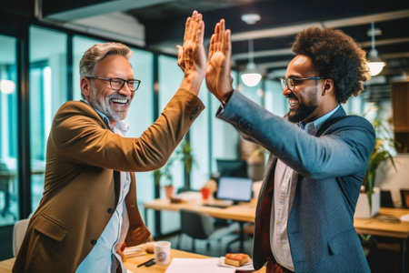We did it Two young men doing highfive while their coworkers sitting at the office table : Generative AIの素材