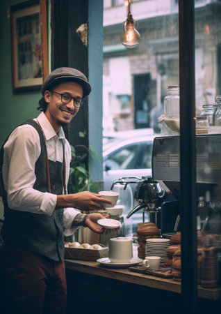 Here is your beer Cheerful young bartender giving a mug with beer to the customer : Generative AIの素材