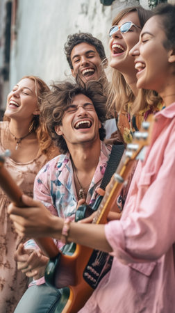 Having good time together Group of happy young people bonding to each other and looking at camera while standing on the roofwith guitar : Generative AIの素材