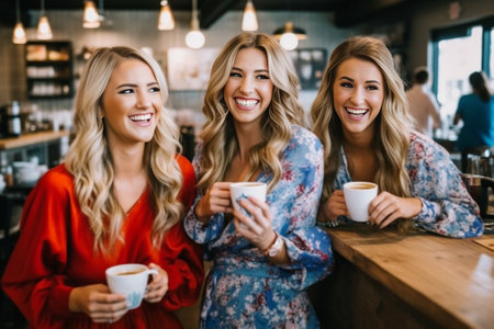 Having a good time Three cheerful friends holding mugs with lager and smiling at camera : Generative AIの素材