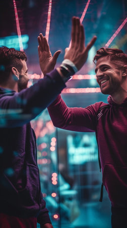 High five to friend Low angle view of cheerful young people standing near their bicycles on the road while two men giving high five to each other : Generative AIの素材