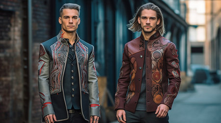 His designs are in demand Two young fashionable men looking at jacket while standing in workshop : Generative AIの素材
