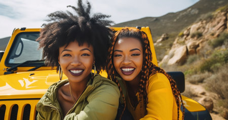 Having so much fun together Cheerful young woman leaning at the retro mini van while young African woman looking at camera through the vehicle window : Generative AIの素材