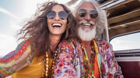 Hippie love Happy young couple bonding to each other and smiling while sitting at the back seats of their minivan : Generative AIの素材