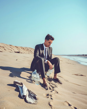 He is in touch anywhere and anytime Confident young man in formalwear working on laptop and talking on the mobile phone while sitting on sand : Generative AIの素材