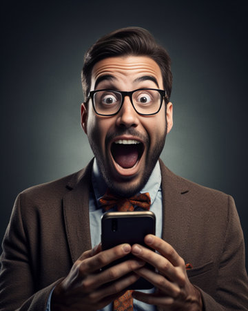 It is unbelievable Surprised young man in shirt and tie looking at digital tablet and keeping mouth open while standing against grey background : Generative AIの素材