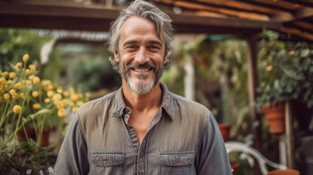 I have the best job in the world Handsome mature man in apron keeping arms crossed and smiling while standing in a greenhouse : Generative AIの素材