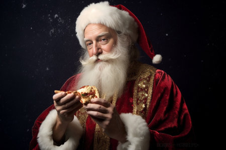 Ho Ho Ho Traditional Santa Claus ringing a bell and looking at camera while standing against grey background : Generative AIの素材