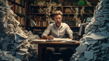 Just inspired Happy young author typing something at the typewriter and keeping mouth open while sitting at his working place with bookshelf in the background : Generative AIの素材