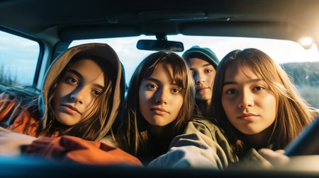 Just road ahead Four beautiful young cheerful women looking at camera with smile while sitting in car : Generative AIの素材