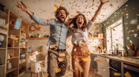 Just having fun Full length of cheerful young people throwing confetti and jumping while enjoying home party on the kitchen : Generative AIの素材