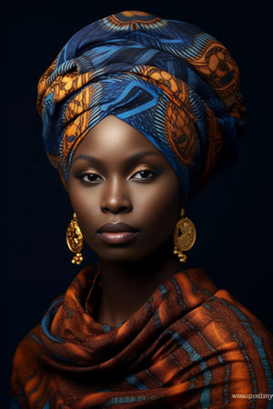 In traditional African style Beautiful African woman in headscarf and jewelry posing against black background and looking at camera : Generative AIの素材