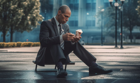 Lost in thoughts Good looking young man in full suit holding disposable cup and looking away while sitting outdoors : Generative AIの素材