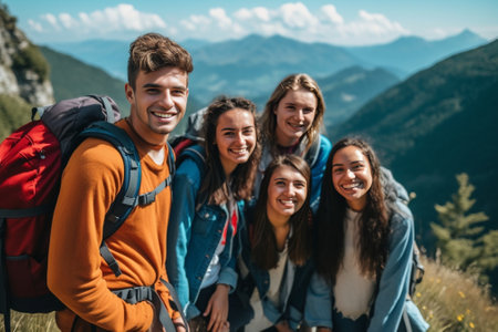 Hiking with friends Group of young people with backpacks walking together and looking happy : Generative AIの素材