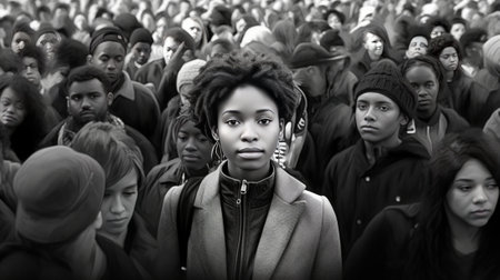 Loneliness in a crowd Frustrated African teenager standing among people and looking away : Generative AIの素材
