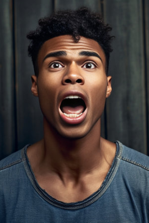 Making a face Portrait of handsome African man making a face while isolated on grey : Generative AIの素材