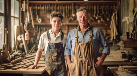 Precision is the most important part of carpentry Concentrated young male carpenter showing his son how to work with wood in workshop : Generative AIの素材