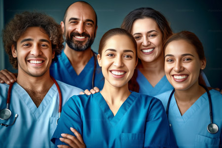 Ready to help you anytime Top view of four confident doctors standing close to each other and smiling : Generative AIの素材