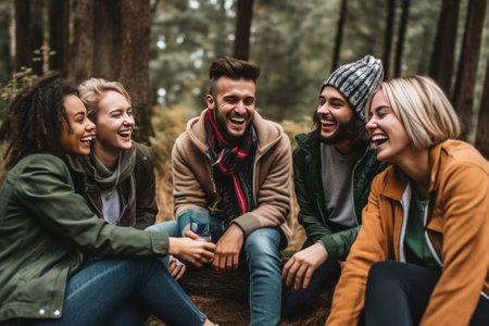 Spending great time with friends Low angle view of four happy young people bonding to each other and smiling while sitting at the riverbank : Generative AIの素材